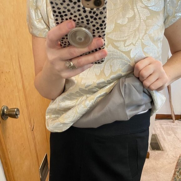 Tibi NY Silver and Gold Metallic Jacquard Leaf Bubble Sleeve Holiday Top - Picture 10 of 13